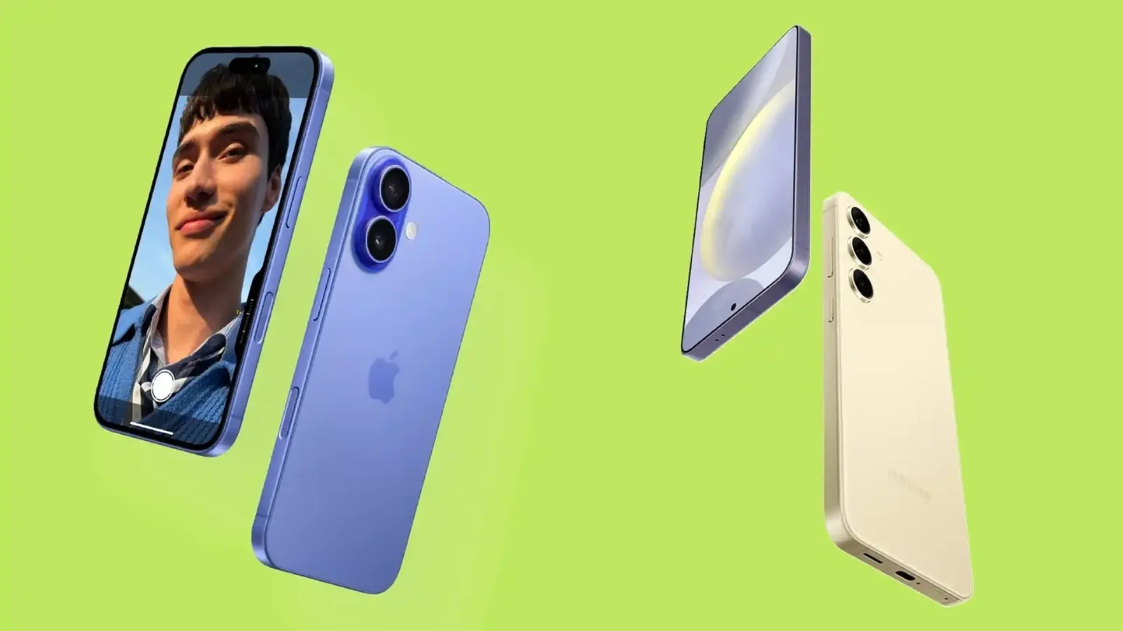 Tela e traseira do iPhone 16 Plus e do Galaxy S24 Plus na vertical em fundo verde