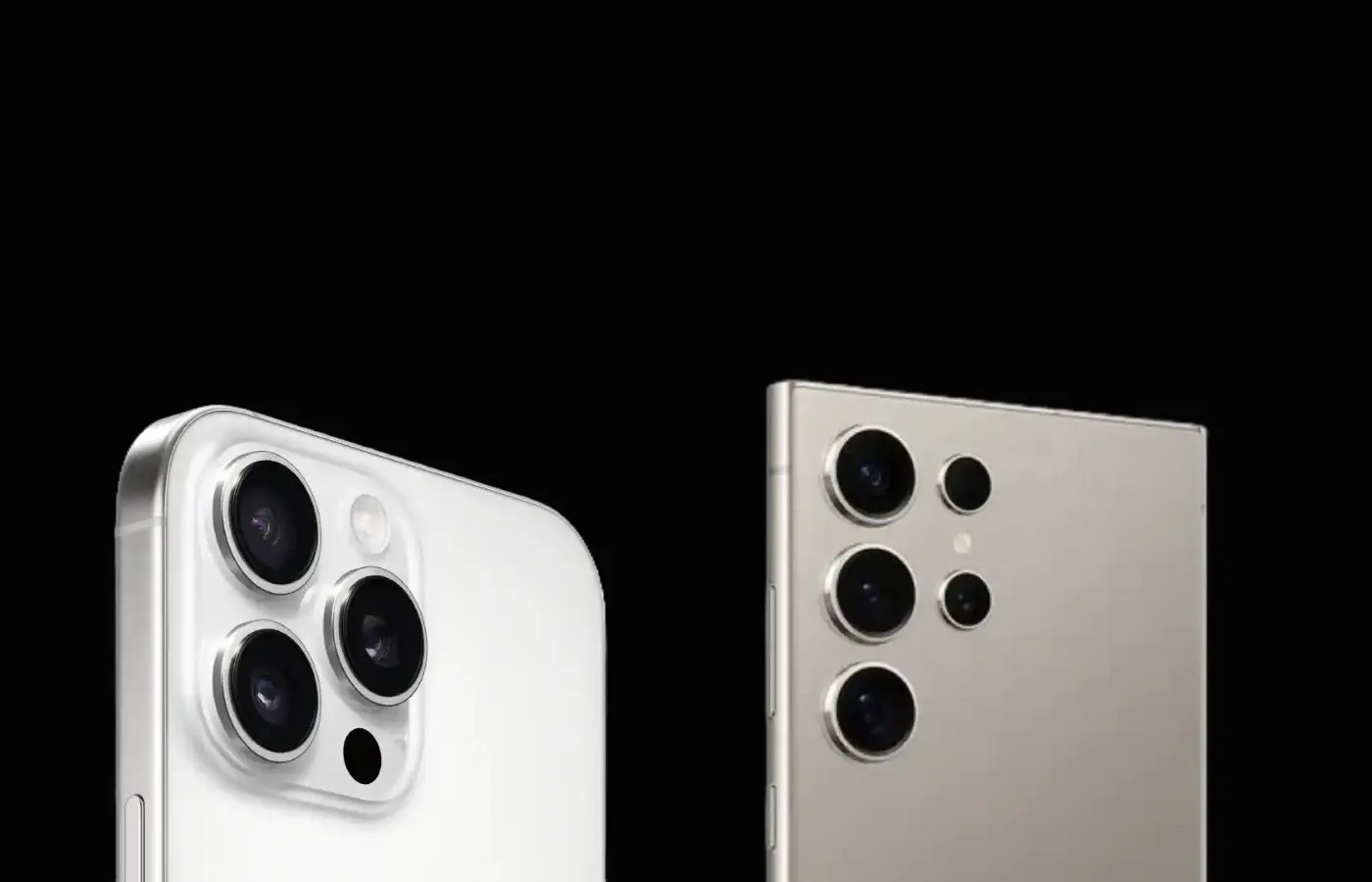 Traseira do iPhone 16 Pro Max ao lado da traseira do Galaxy S24 Ultra com foco nas câmeras