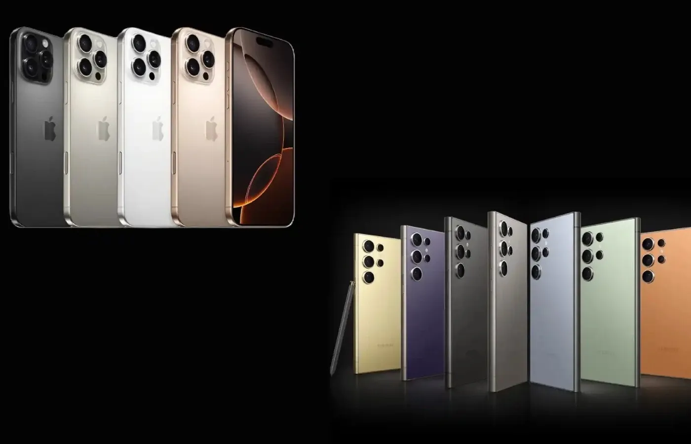 Todos as cores de iPhone 16 Pro Max no alto e todas as cores de Galaxy S24 Ultra embaixo em fundo preto