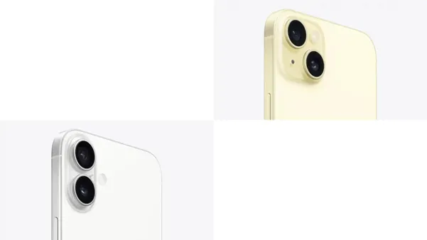 Traseira com foco nas câmeras do iPhone 16 Plus branco ao lado do iPhone 15 Plus amarelo