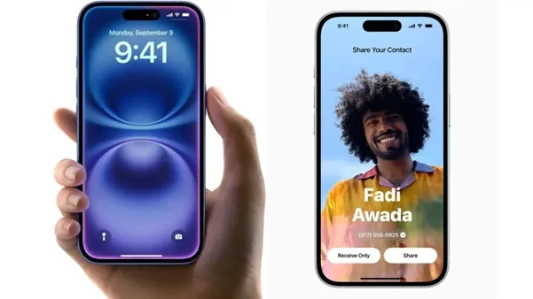 Tela do iPhone 16 Plus na mão de homem ao lado da tela do iPhone 15 Plus