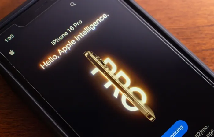 iPhone 16 Pro com a mensagem “Hello, Apple Intelligence” na tela e ícone de bateria mostrando 50% de carga.