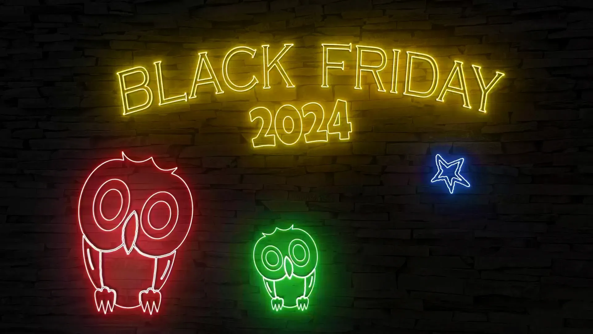 Letreiro em neon da Black Friday 2024 com imagem de corujas coloridas e uma estrela