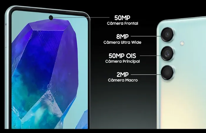 Imagem das câmeras do Galaxy M55 com suas especificações