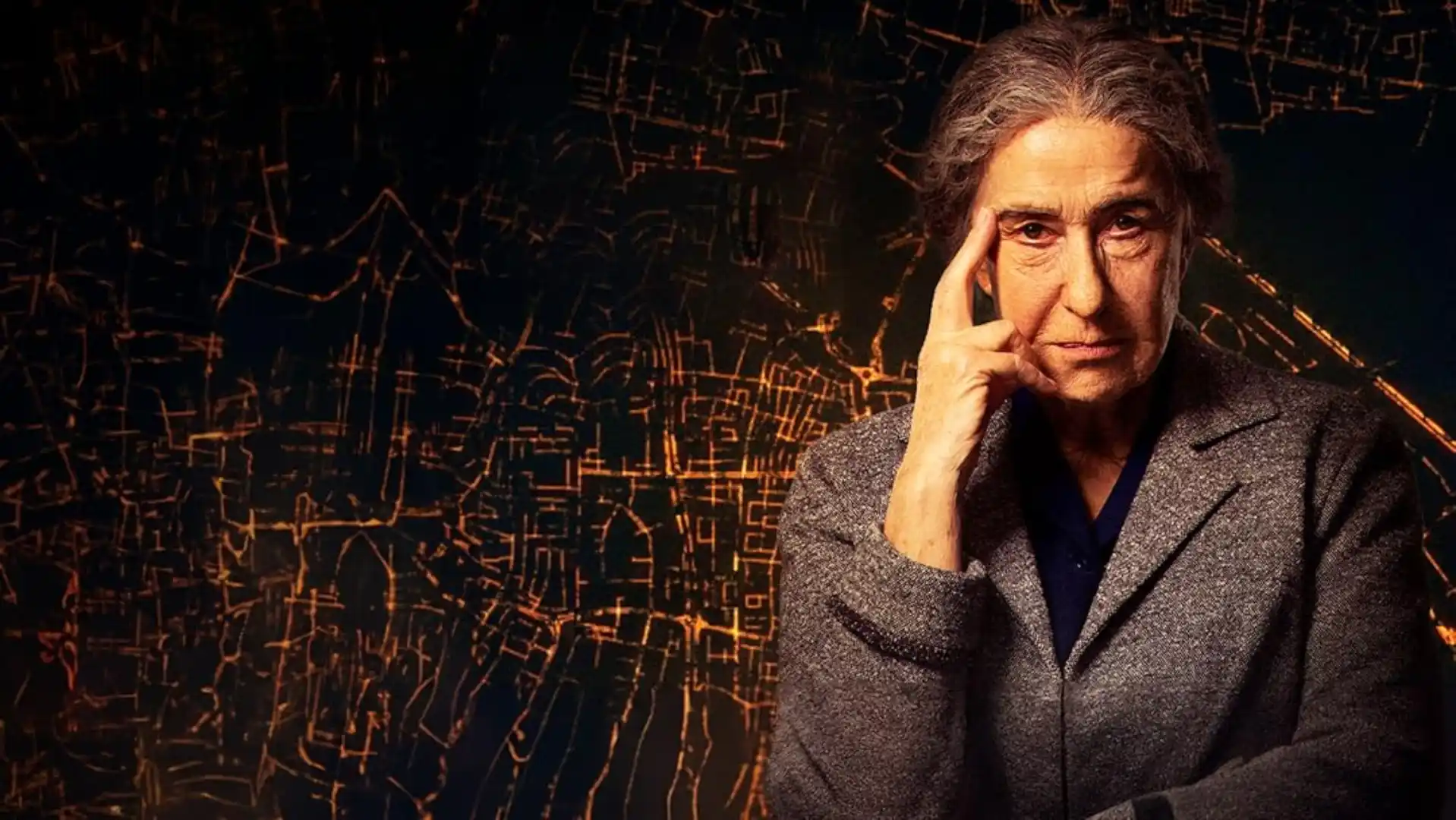 Atriz encarando seriamente com a mão na testa com fundo em traços laranjas