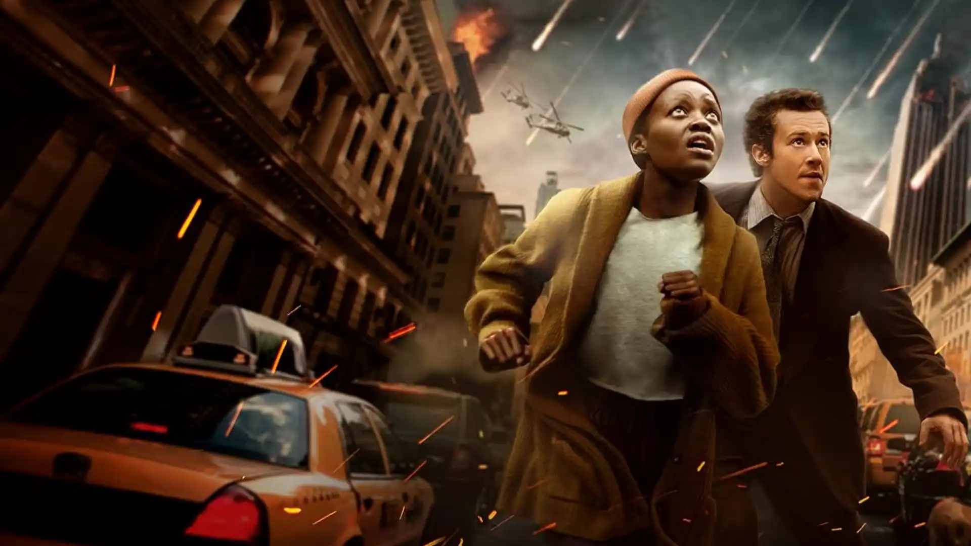 Personagens correndo pela cidade enquanto no fundo há explosões, mísseis, helicópteros, etc.