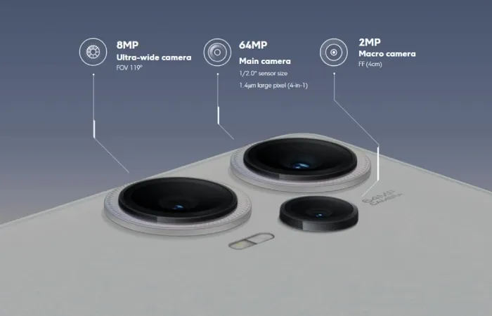 Imagem promocional que mostra as especificações de câmera do Poco F5