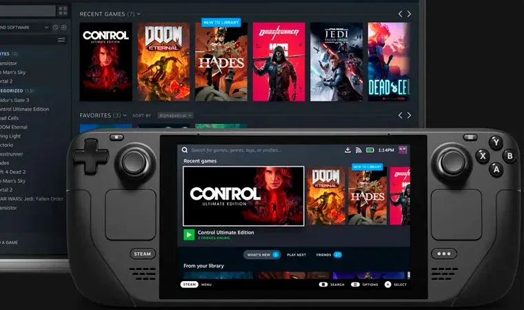 Imagem do Steam Deck e menu do Steam com jogos atrás