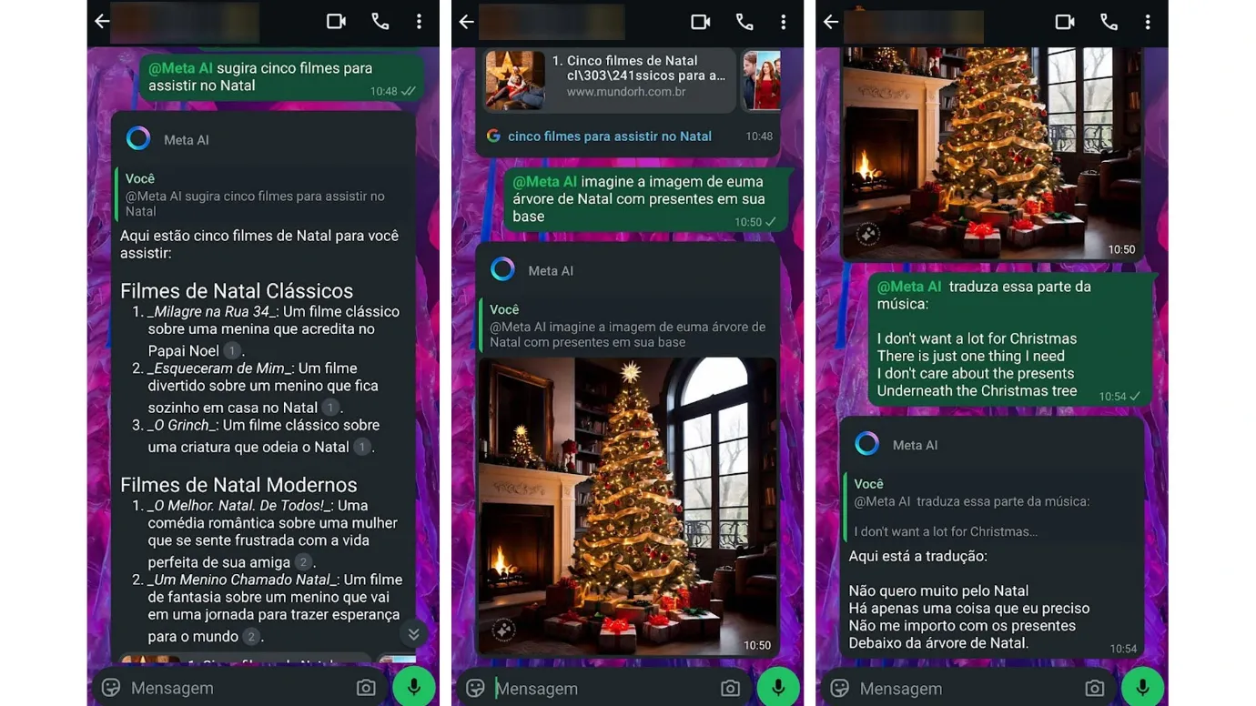 Imagem com prints de diferentes tipos de usos do Meta AI no WhatsApp