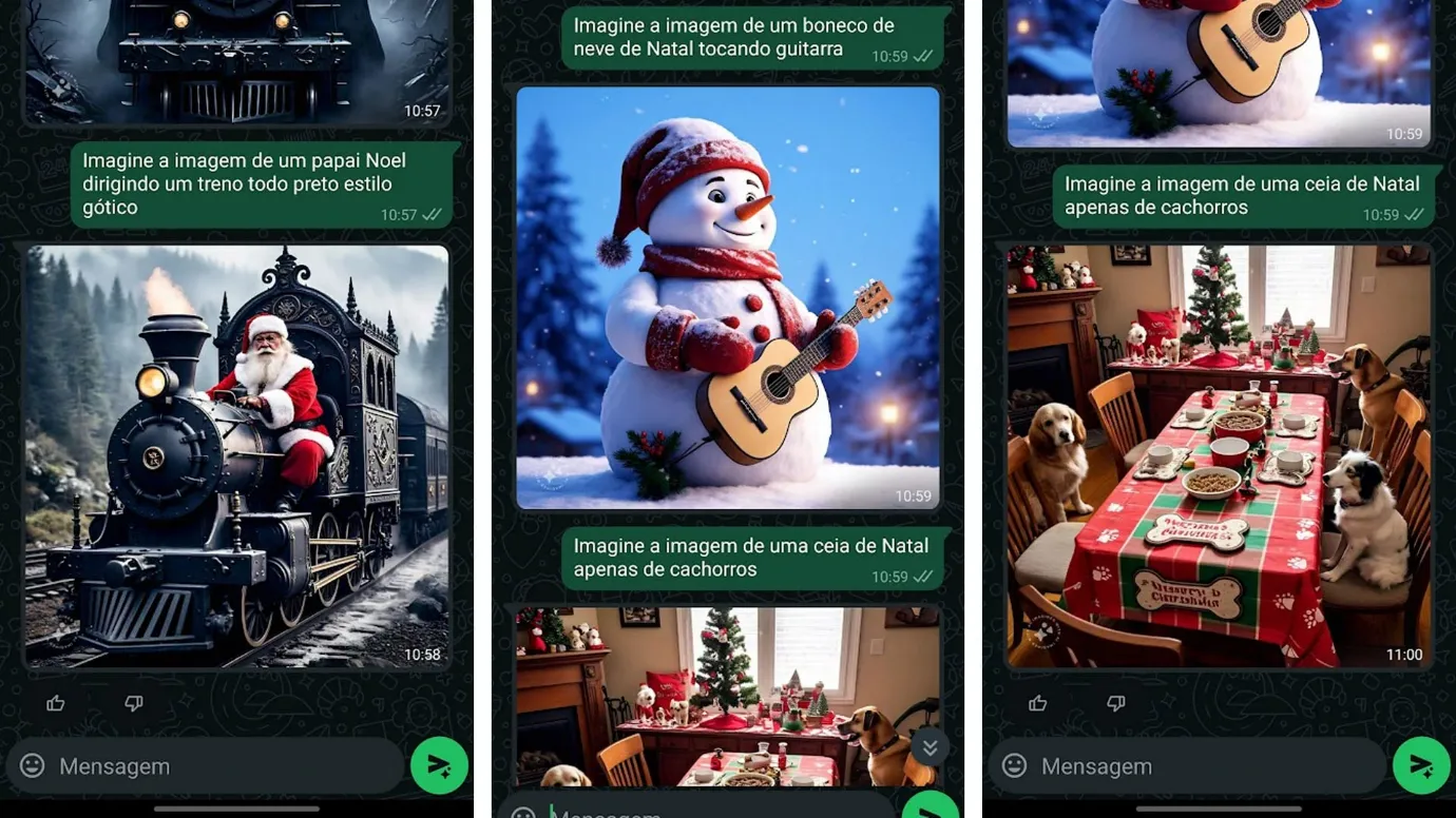 Imagem de prints da função de criação de imagem do Meta AI no WhatsApp