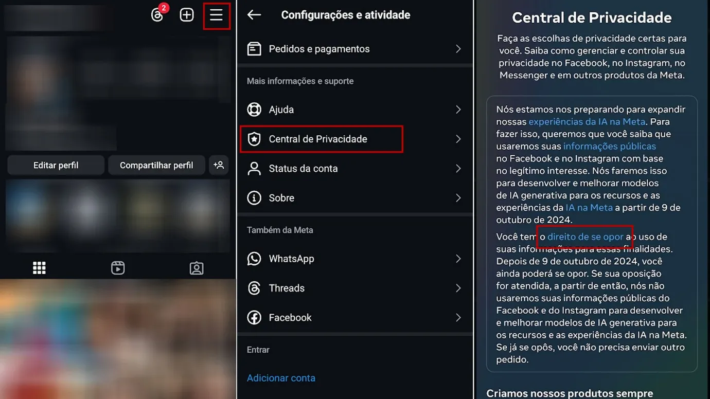 Imagem de tutorial ensinando a como desativar a coleta de dados da Meta AI pelo Instagram