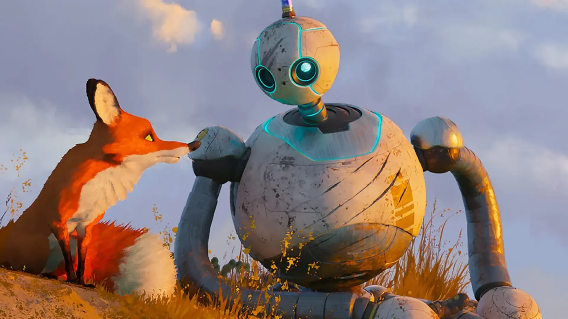 Os personagens Robô, raposa e patinho sentados na floresta durante a noite