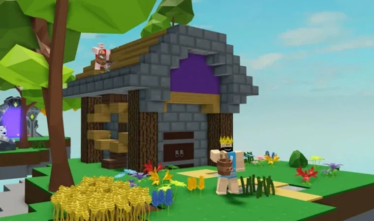 Imagem do jogo Ilhas Roblox mostrando um avatar segurando um balde em frente a uma casa de pedra e madeira construída em uma ilha flutuante