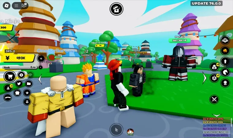 magem do jogo Anime Fighters Simulator com o avatar do jogador cercado de versões genéricas de personagens de anime como Goku Super Sayajin de Dragon Ball Z, Saitama de One Punch Man e Eren Yeager de Ataque dos Titãs