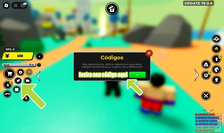 Imagem do jogo Anime Fighters Simulator com setas apontando onde selecionar nos menus para resgatar códigos promocionais no jogo de Roblox 