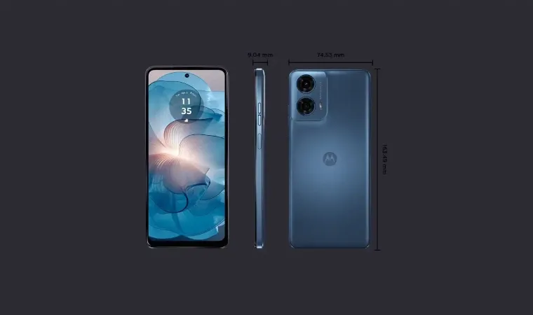 Tela, lateral e traseira do Moto G24 Power lado a lado em fundo cinza