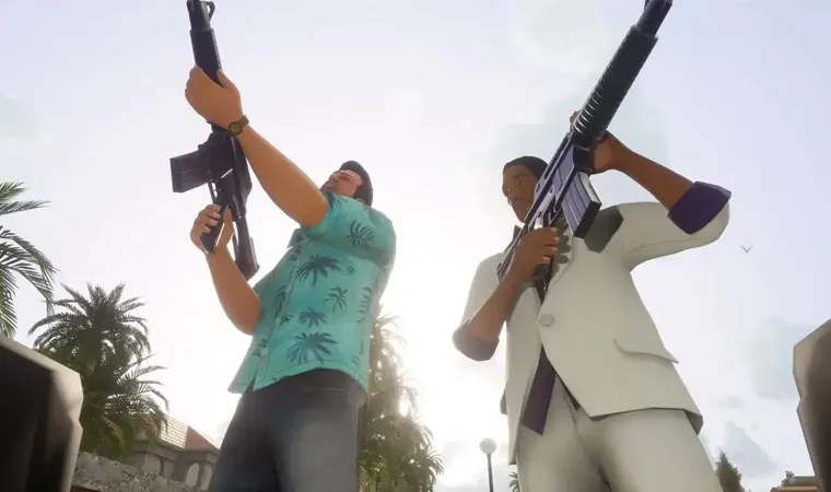 magem de GTA Vice City mostrando o protagonista Tommy Vercetti e o criminoso Lance Vance empunhando rifles de assalto