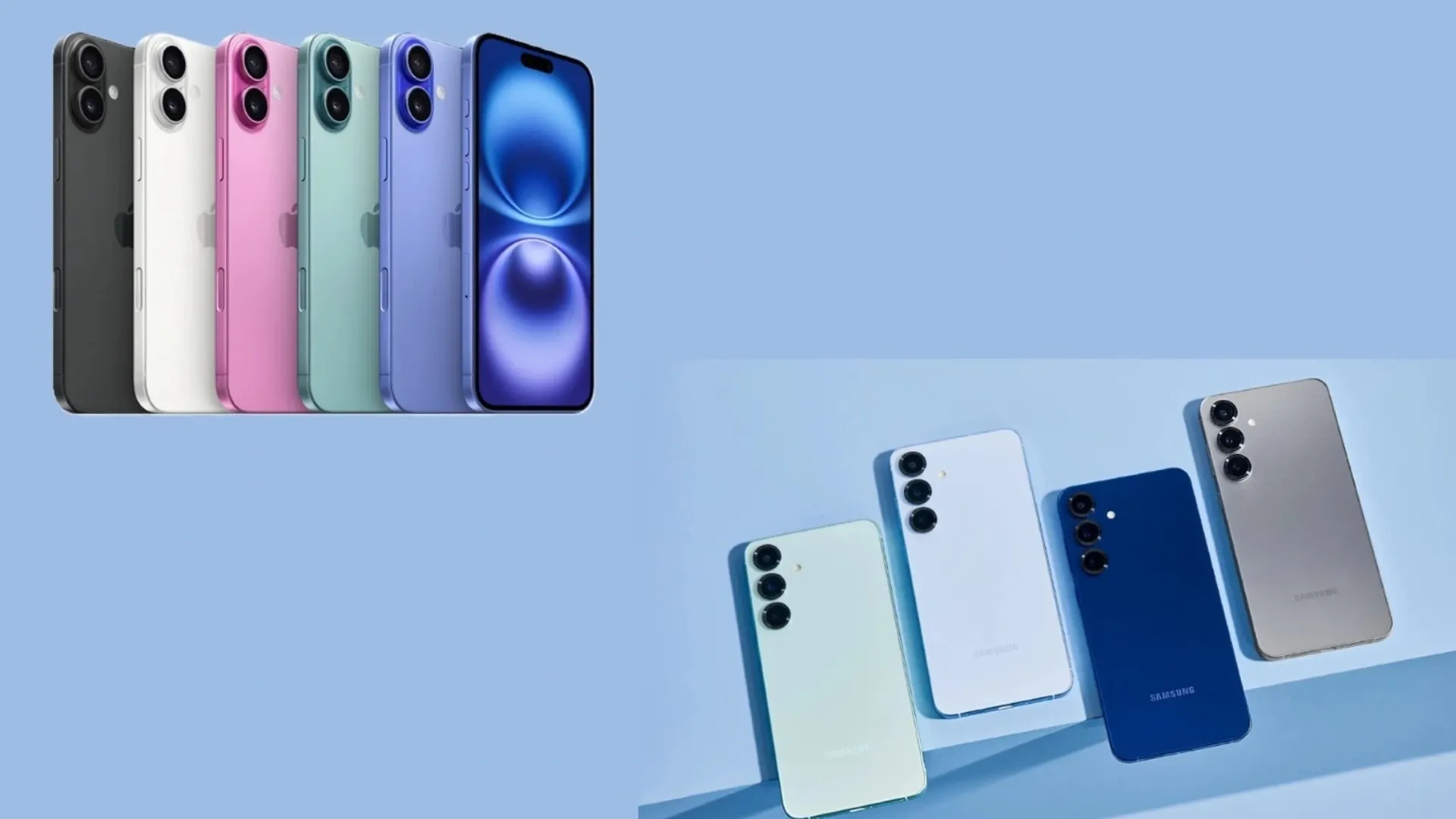 Diversas opções de cores do iPhone 16 Plus na parte de cima e opções de cores do S25+ embaixo