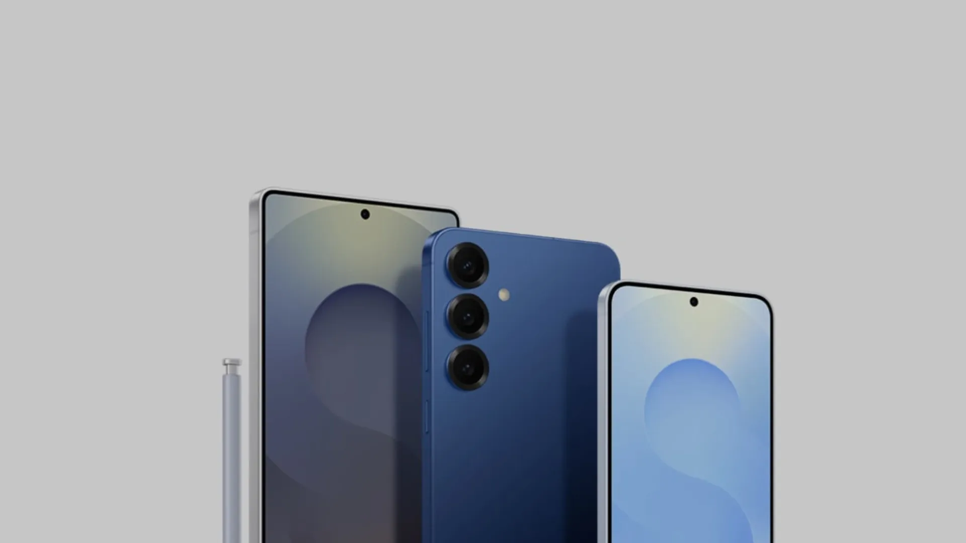 Modelos Galaxy S25 Ultra, Plus e convencional lado a lado; fundo cinza.