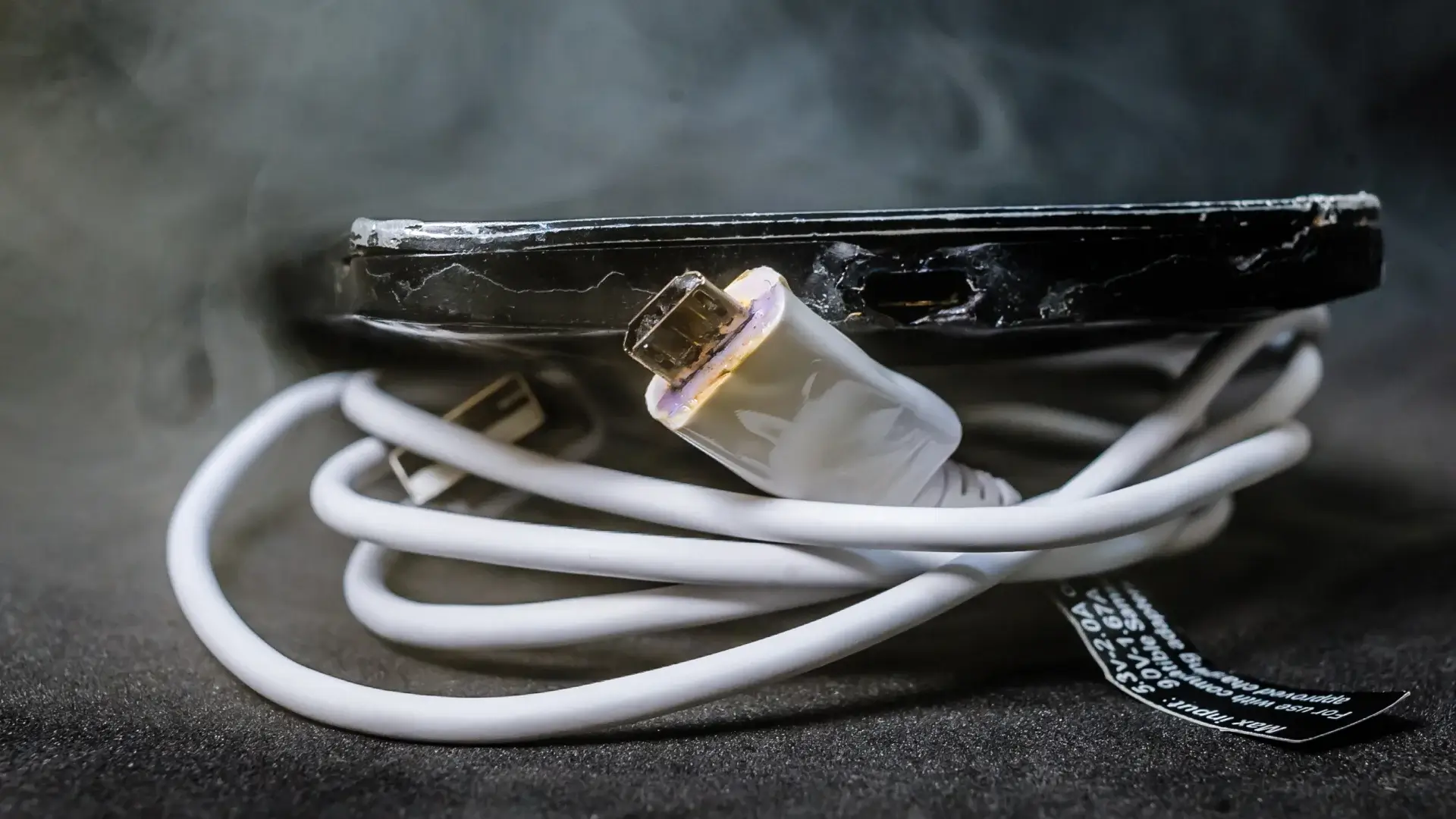 Imagem de um celular queimado em cima do seu cabo de carregamento, também queimado