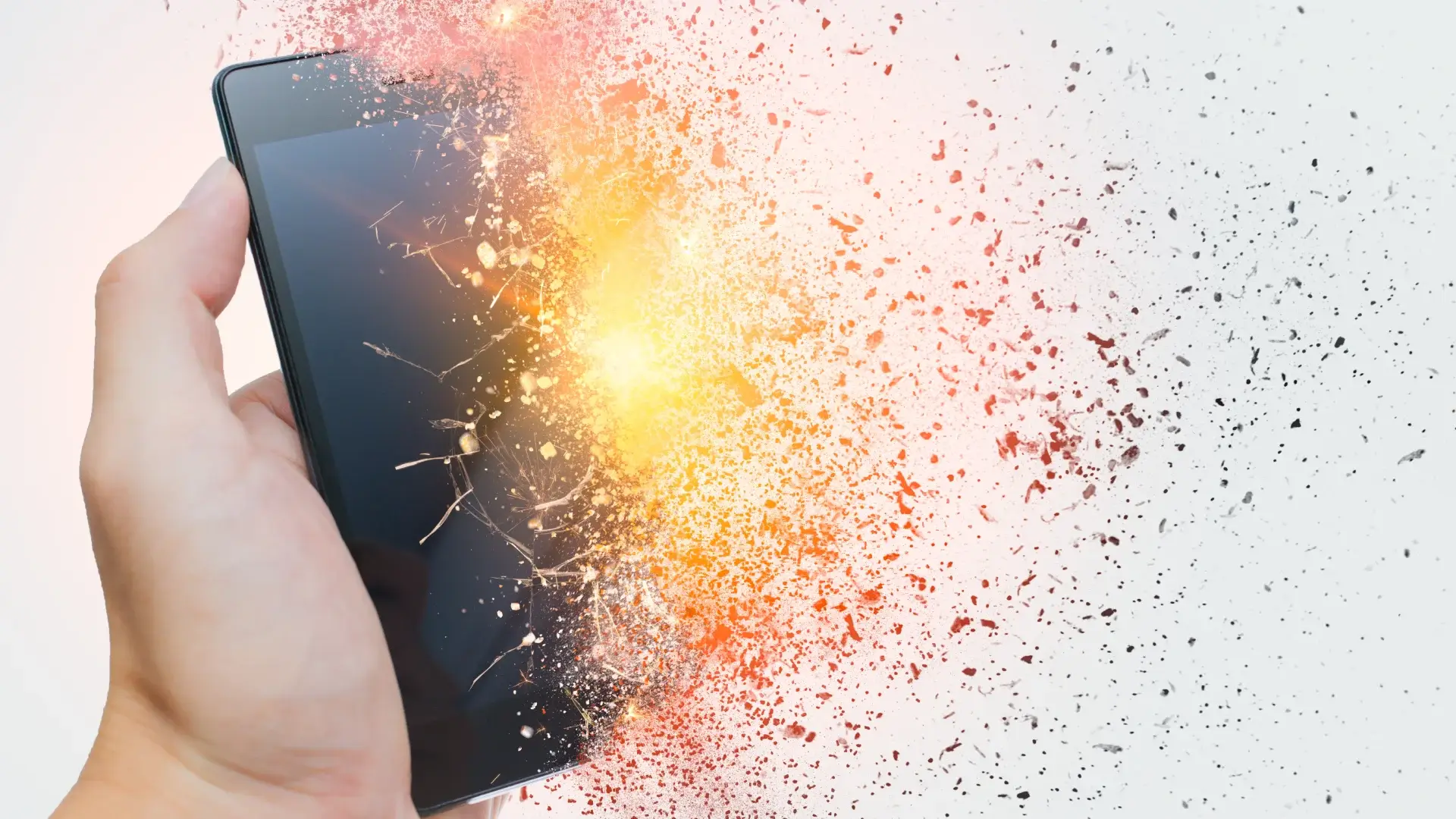Imagem de uma pessoa segurando um celular com o efeito de explosão em parte dele