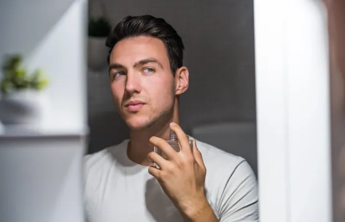Homem usando perfume enquanto se olha no espelho.