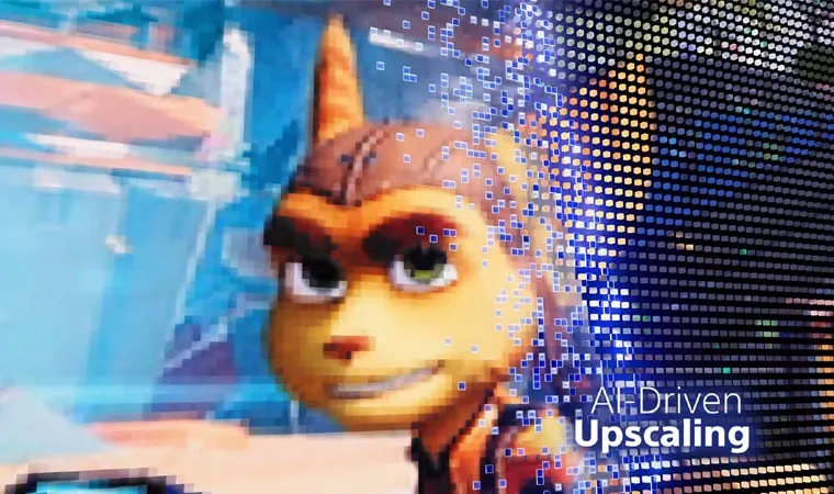 Imagem aproximada do rosto do personagem Ratchet sendo reconstruído com o uso de inteligência artificial pixel por pixel para oferecer mais detalhes.