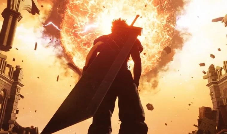 Imagem do jogo Final Fantasy 7 Rebirth mostrando o personagem Zack por trás com sua espada Buster Sword nas costas enquanto olha para um ataque iluminado.