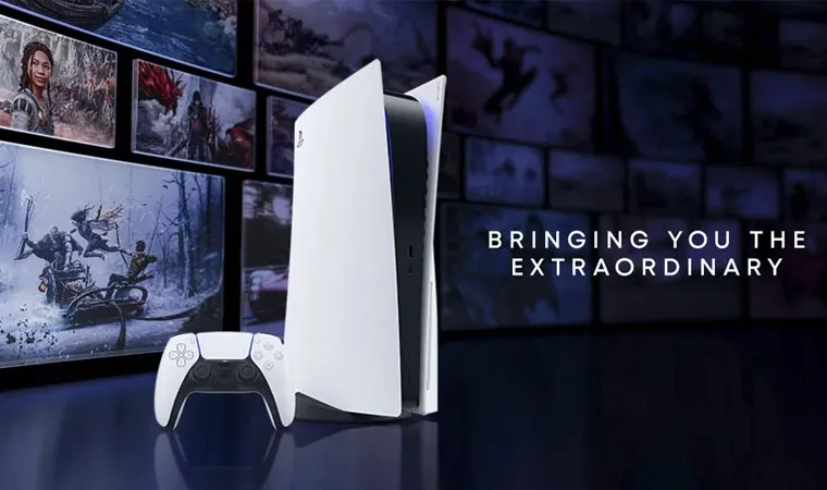 Imagem do console PS5 Slim com vários quadros de jogos ao fundo e os dizeres em inglês “Trazendo a você o extraordinário”.