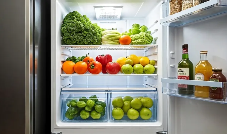 Geladeira Inverse aberta mostrando legumes, vegetais e sucos armazenados