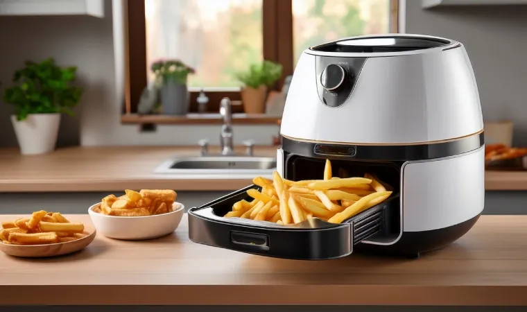 Air fryer branca com detalhes pretos em cima de uma bancada. Dentro do cesto, batatas fritas.