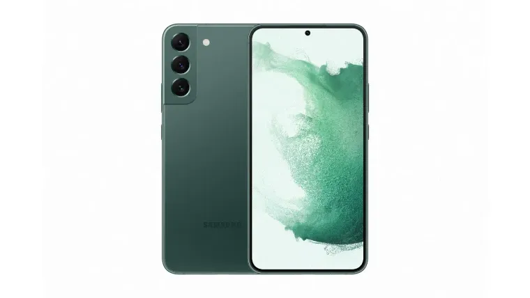 Celular S22 Plus é exposto em verso e frente, com a tela de proteção em fundo verde