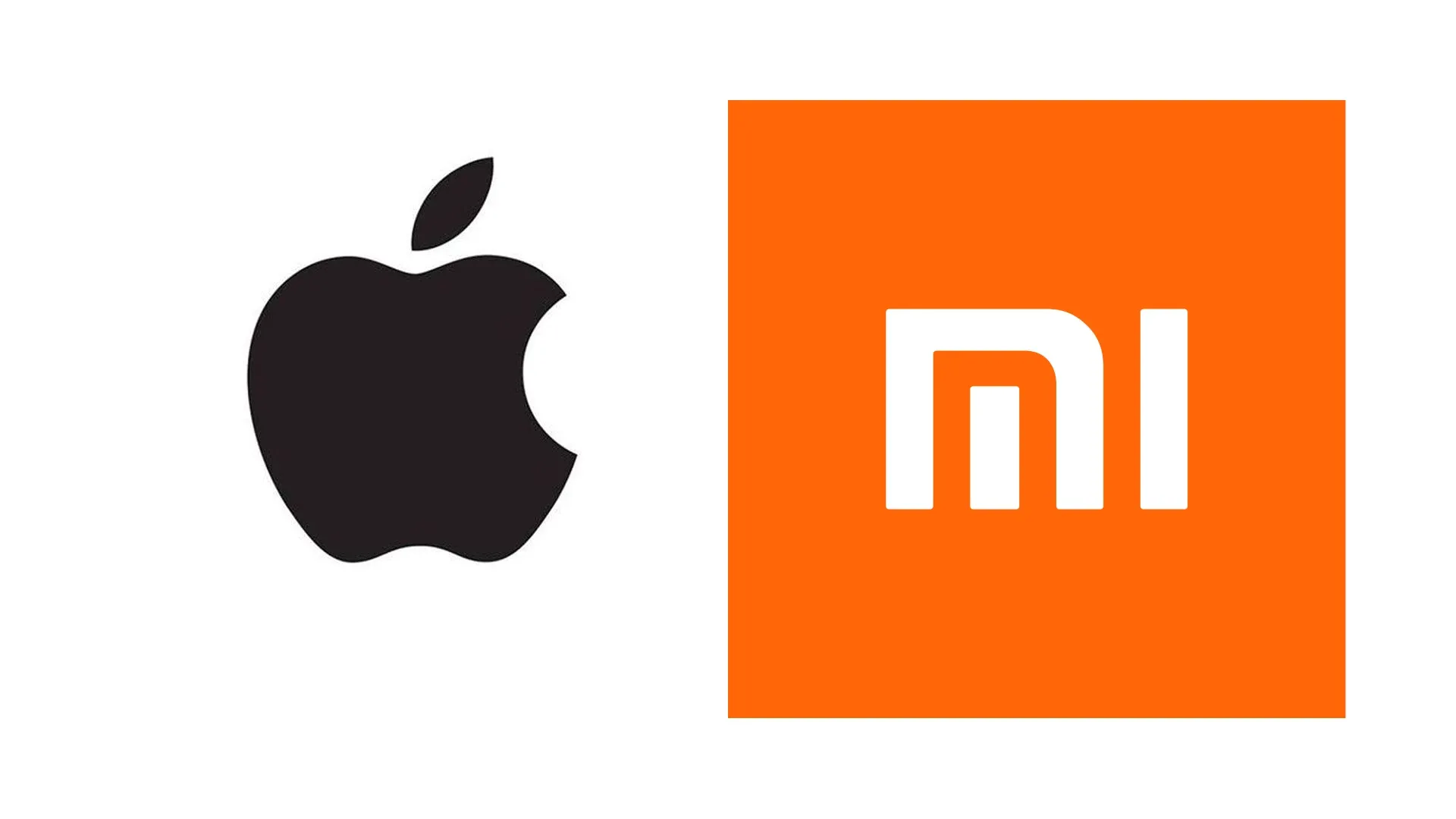 Logo da Apple ao lado da logo da Xiaomi em fundo branco 