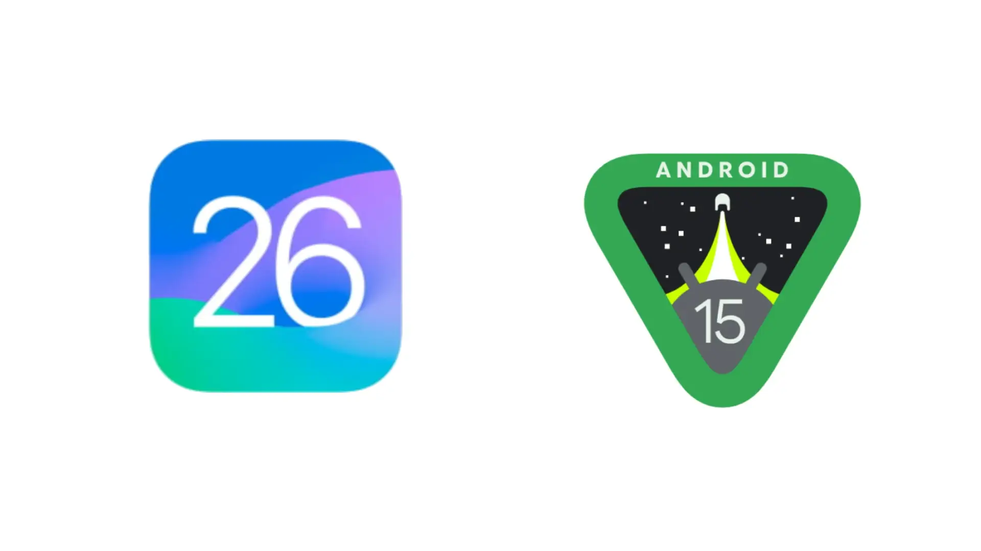 Logo do iOS 26 ao lado do logo do Android 15 em fundo branco 
