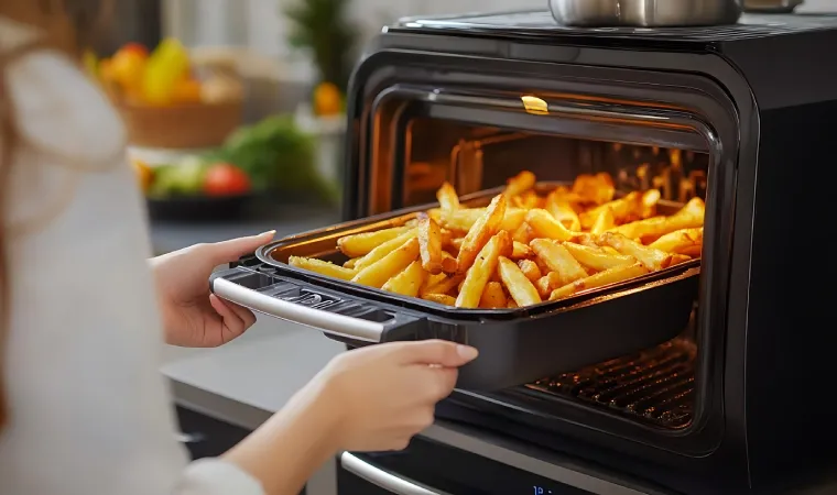 Air fryer preta aberta com batatas fritas no cesto.
