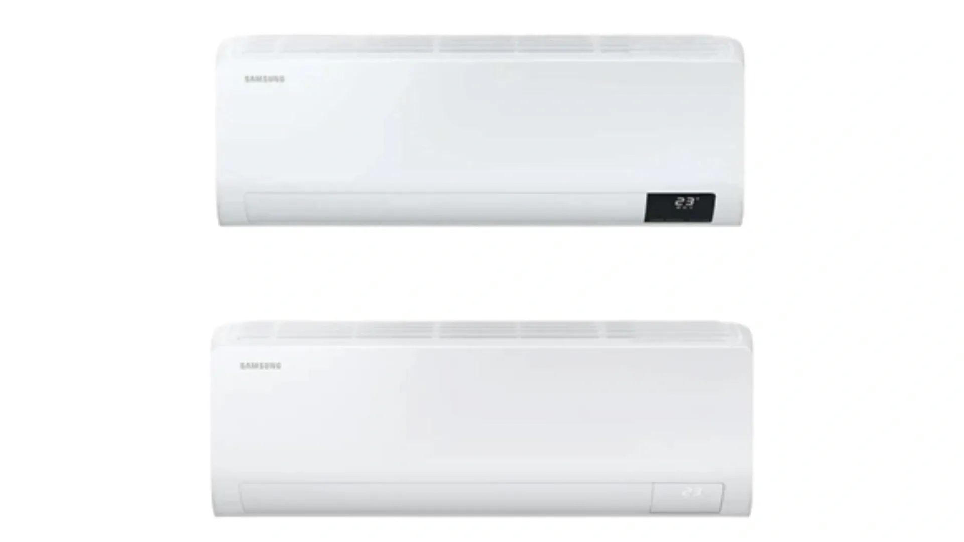 Imagem dos dois modelos de ar-condicionado Ultra Samsung lado a lado, destacando diferença no painel frontal