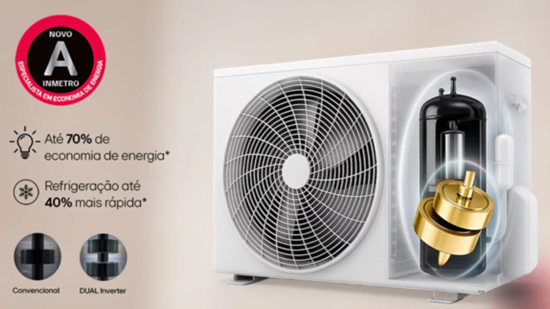 Imagem promocional do compressor do ar-condicionado ultra LG com selo de economia de energia