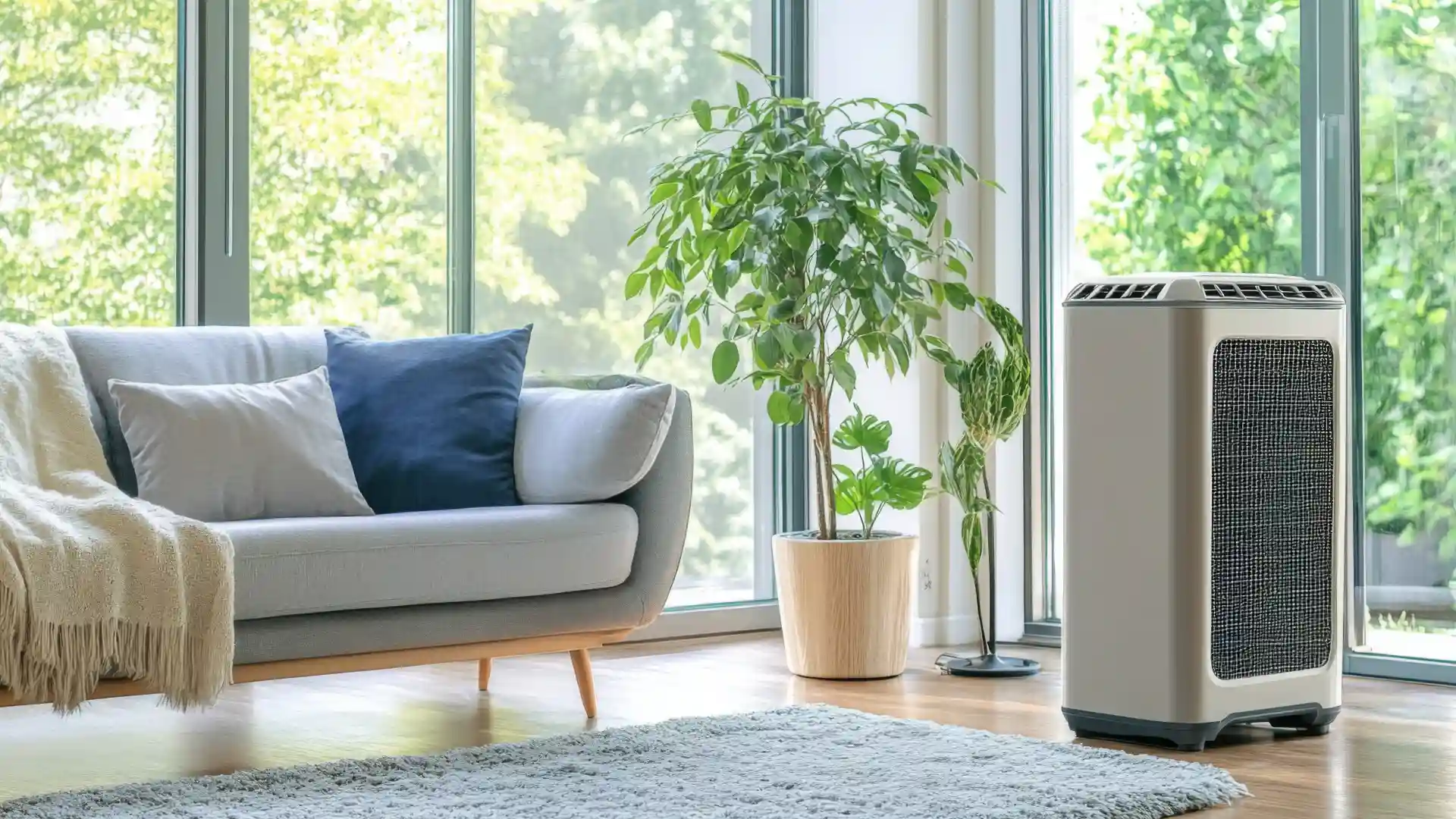 climatizador de ar posicionado em sala moderna ao lado de sofá