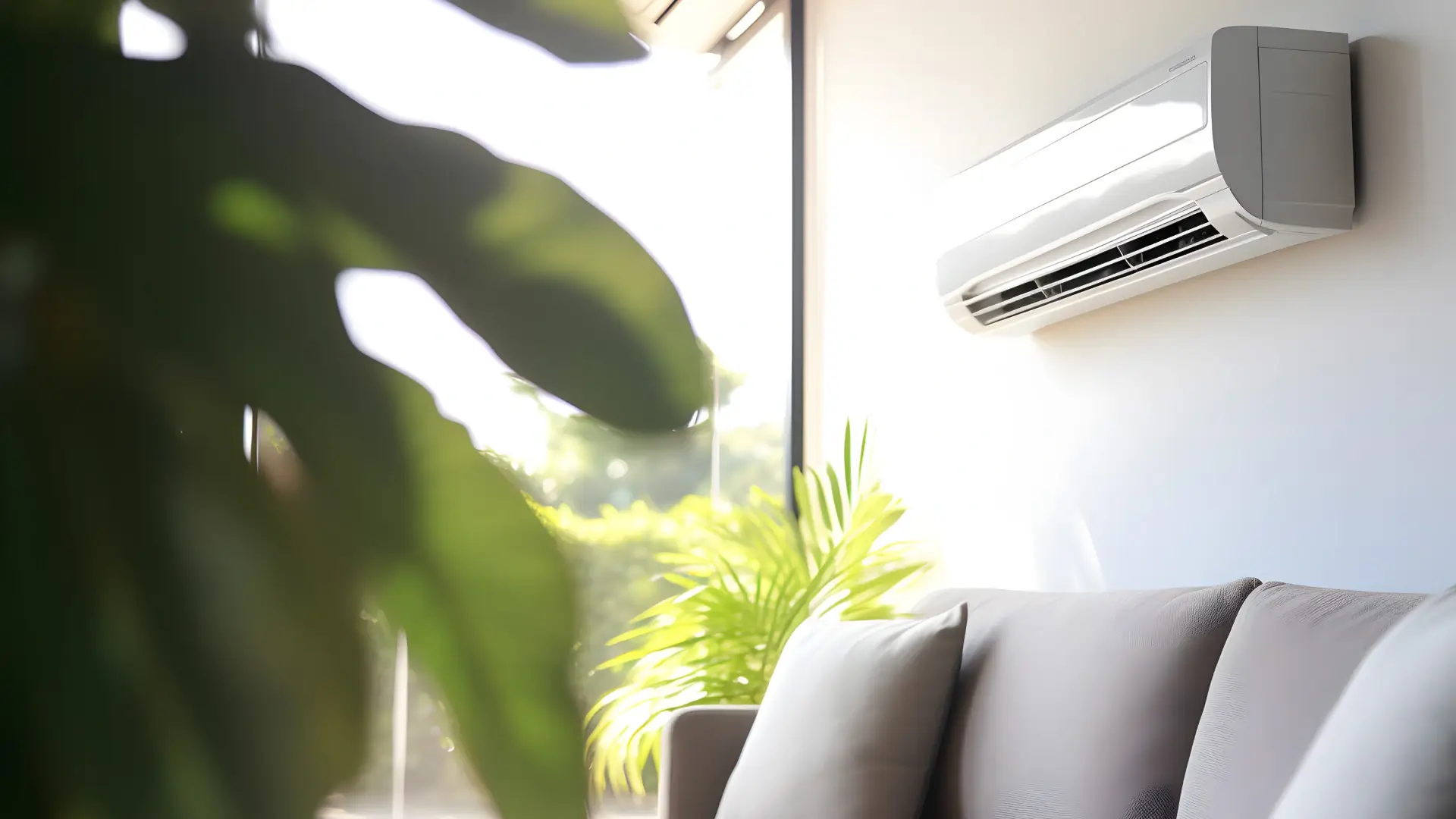 Ar-condicionado Midea branco instalado na parede de sala com sofá e muitas plantas.