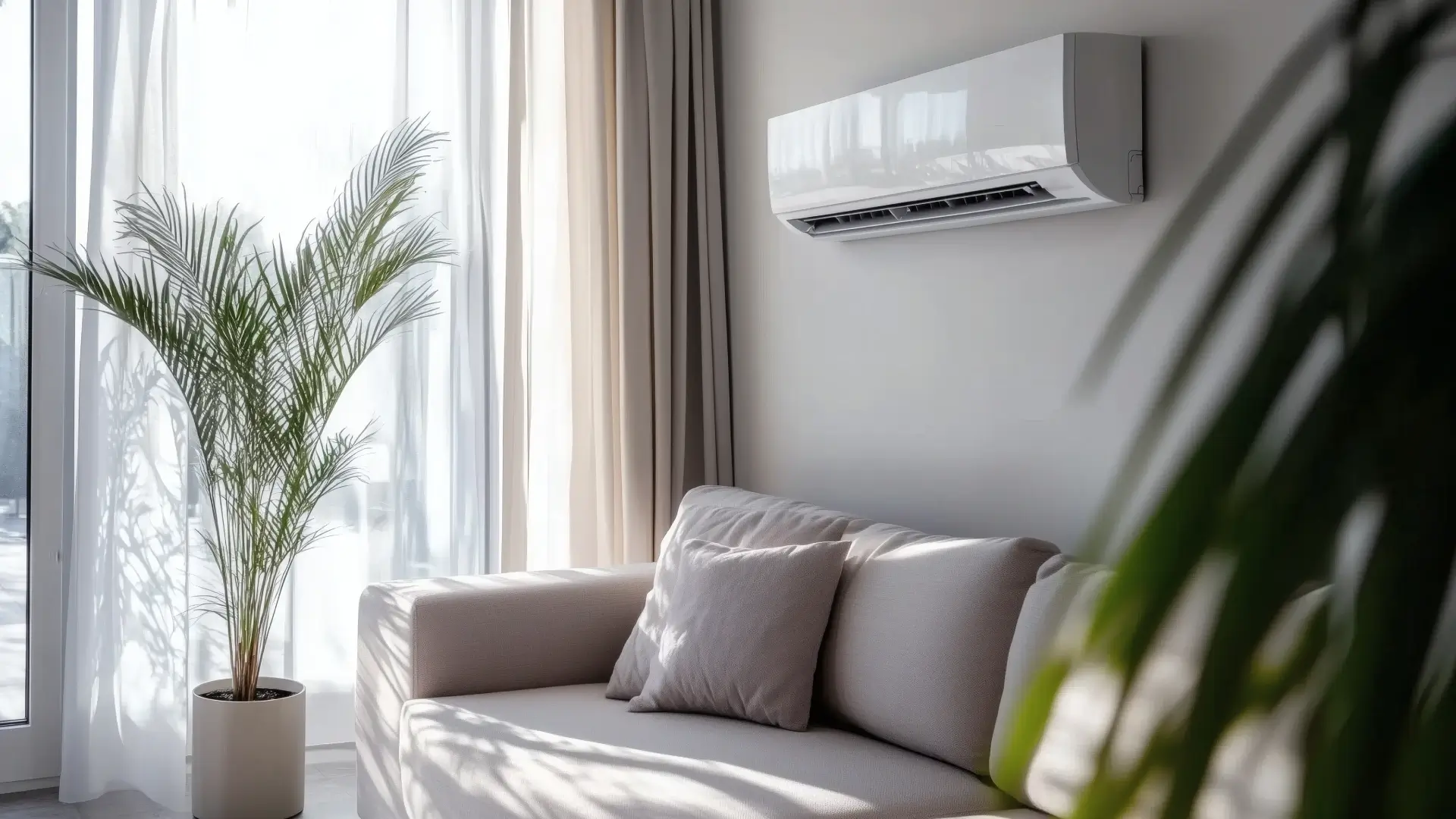 sala moderna com refrigeração de ar-condicionado modelo split na parede acima do sofá 