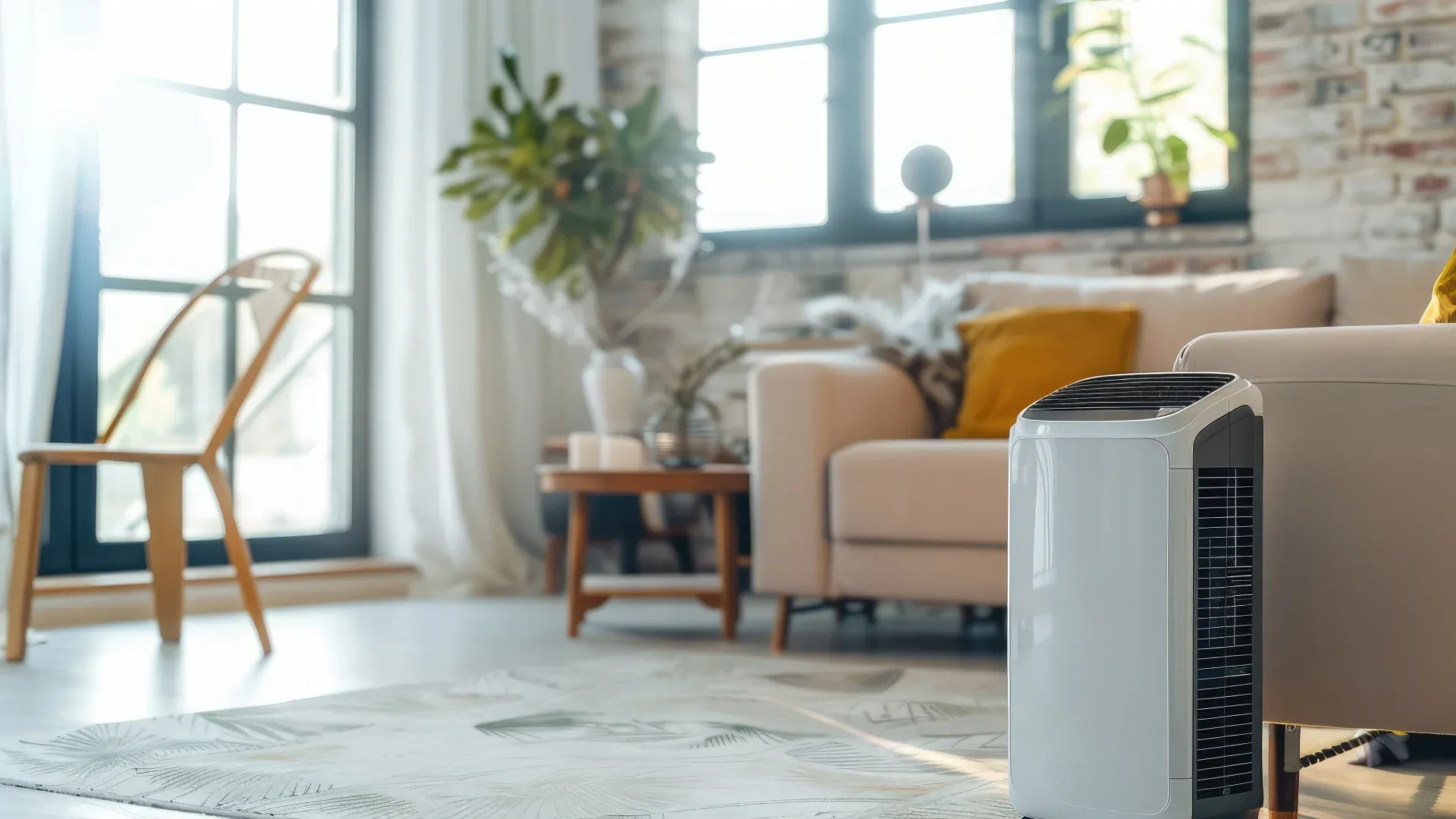 ar-condicionado portátil em ambiente de sala decorada com sofás e plantas