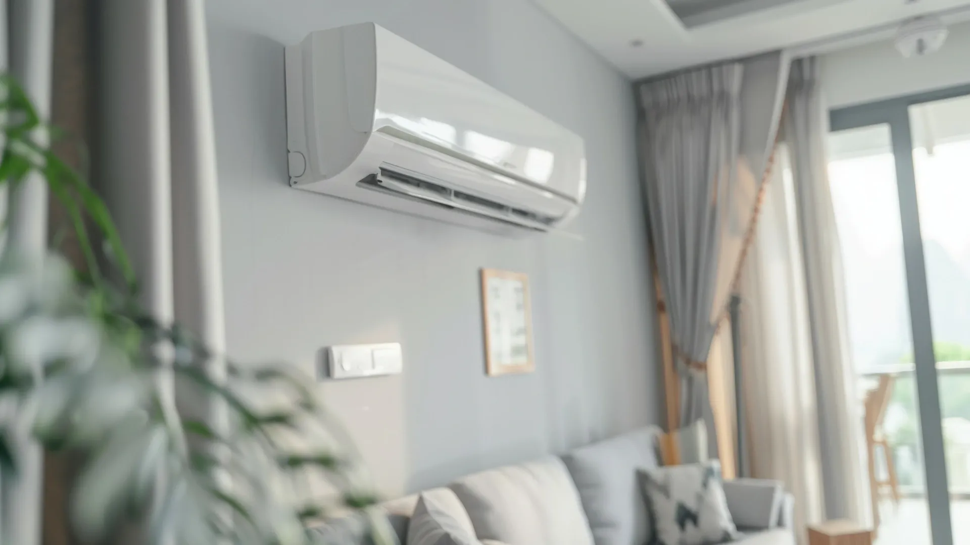 Imagem de uma sala bem iluminada, com destaque para o ar-condicionado na parede  