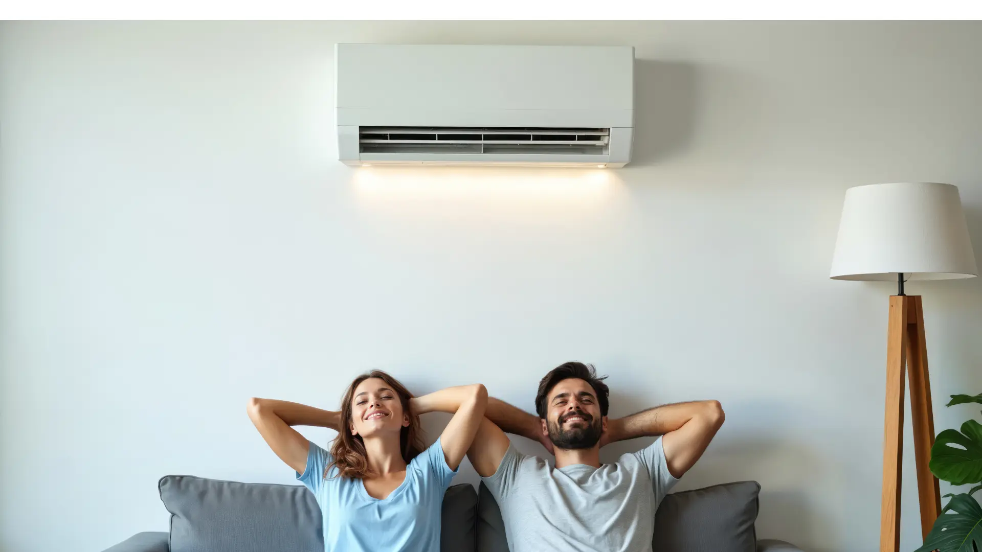 casal jovem relaxando no sofá embaixo de ar-condicionado ligado