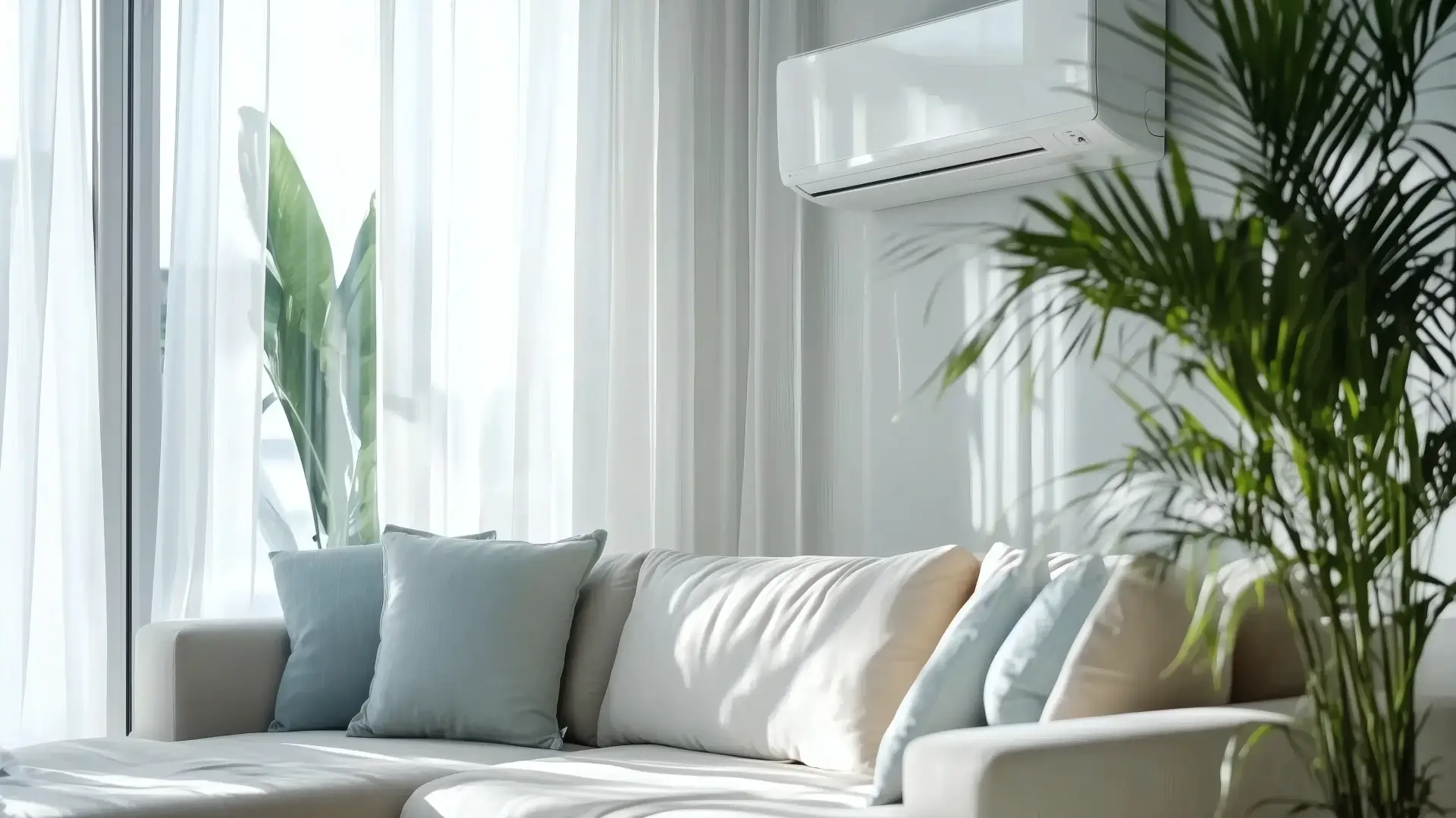 Sala de estar com sofá grande e plantas, na parede um ar-condicionado Samsung Inverter Ultra.