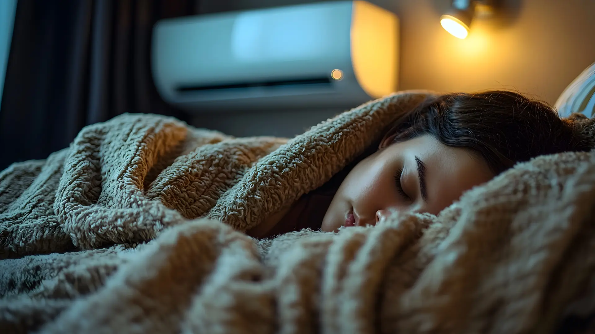 mulher deitada com cobertor em ambiente aconchegante de quarto com luz baixa e ar-condicionado ligado