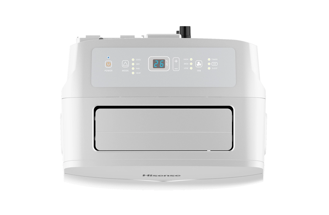 painel de modelo de ar-condicionado portátil Hisense visto de cima marcando 26 graus