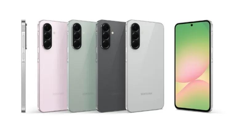 Imagem de vários celulares Galaxy A, de diferentes cores, um ao lado do outro