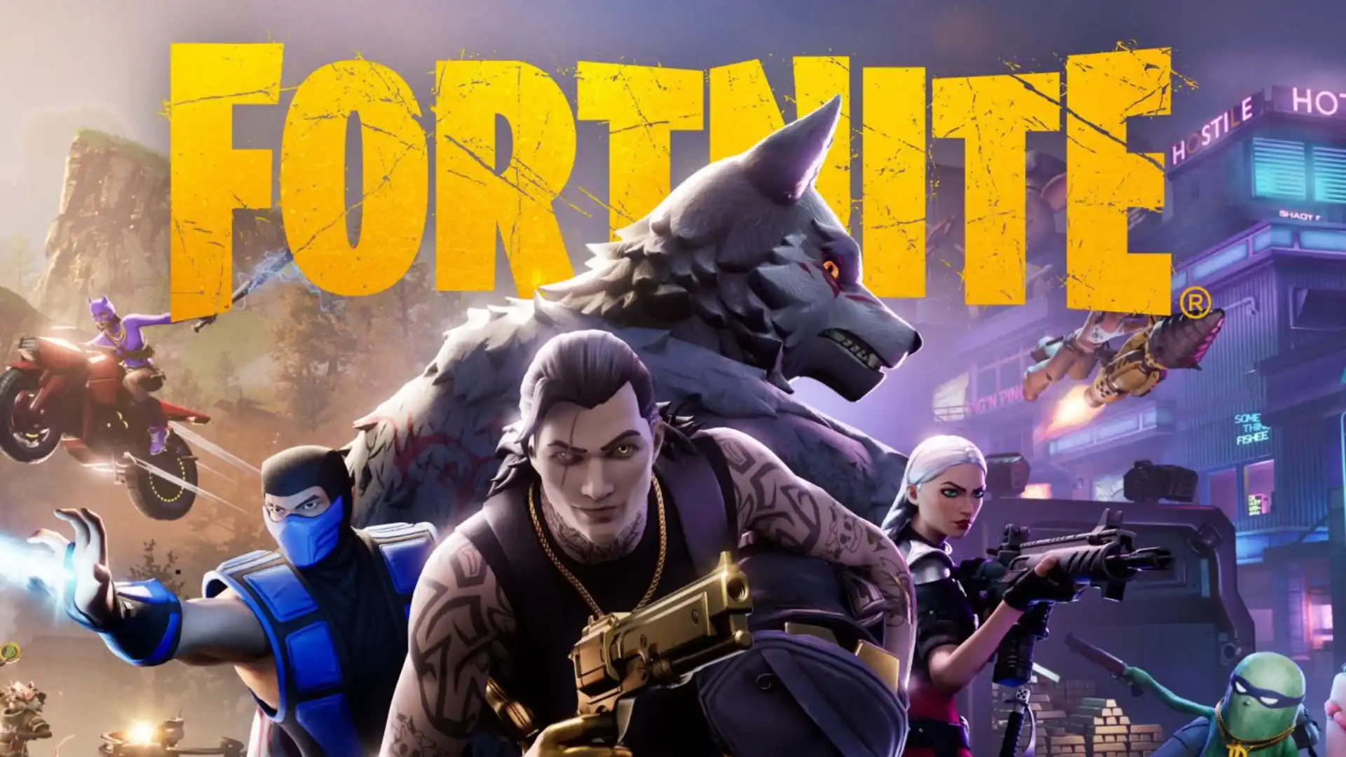 Várias diferentes skins do game logo abaixo do logo do Fortnite