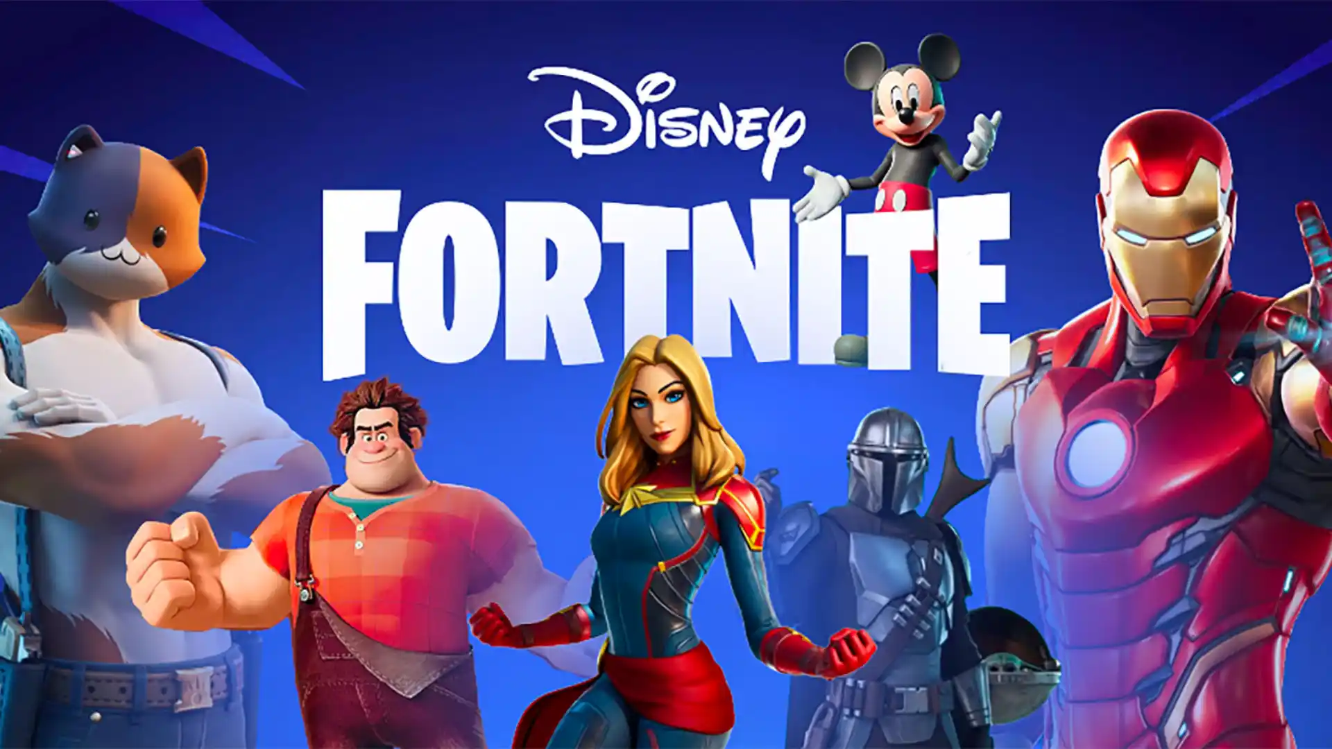 Várias skins da Disney no game Fortnite abaixo dos logos do game e Disney 