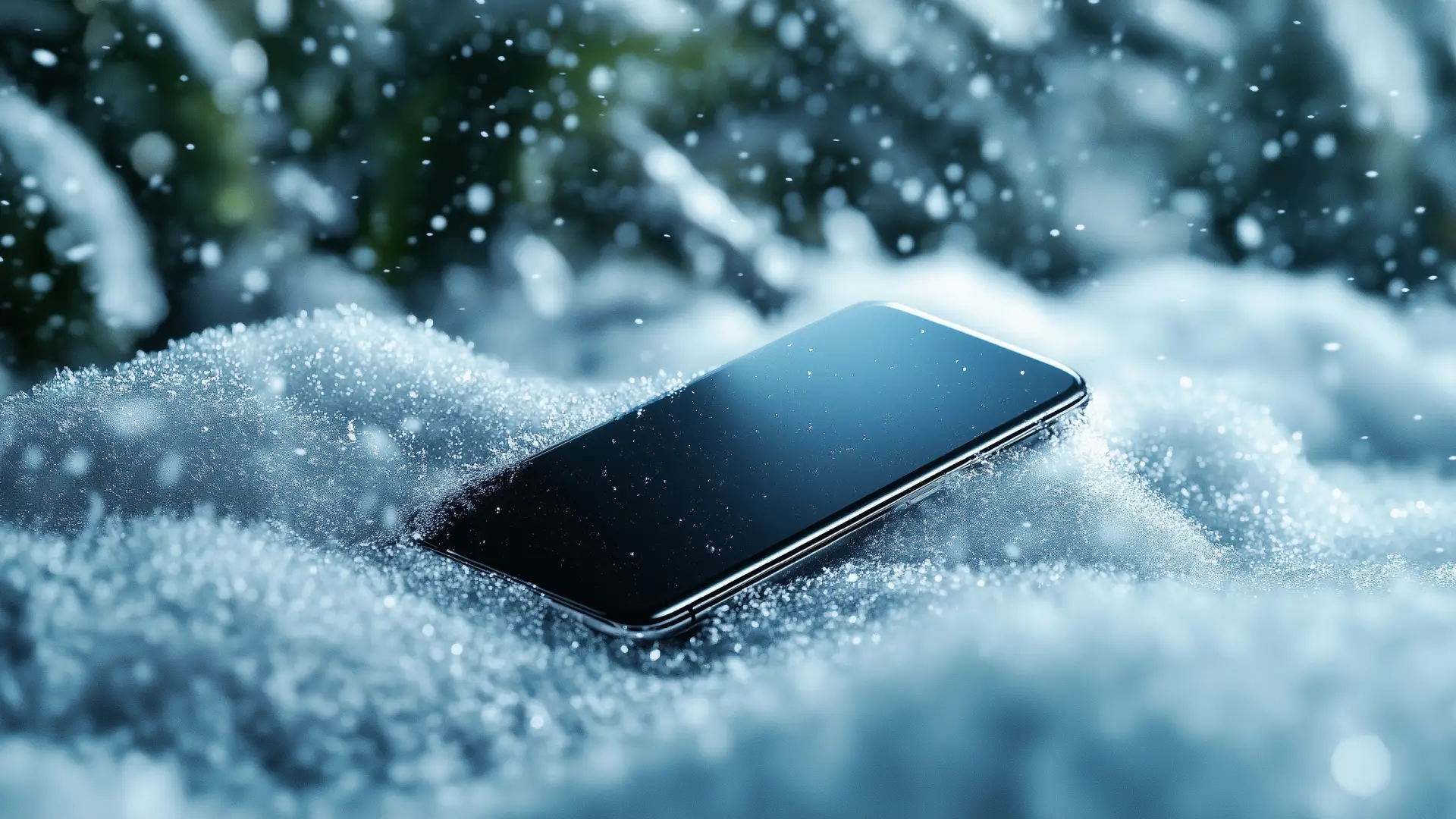 Celular sobre uma camada de neve com paisagem ao fundo